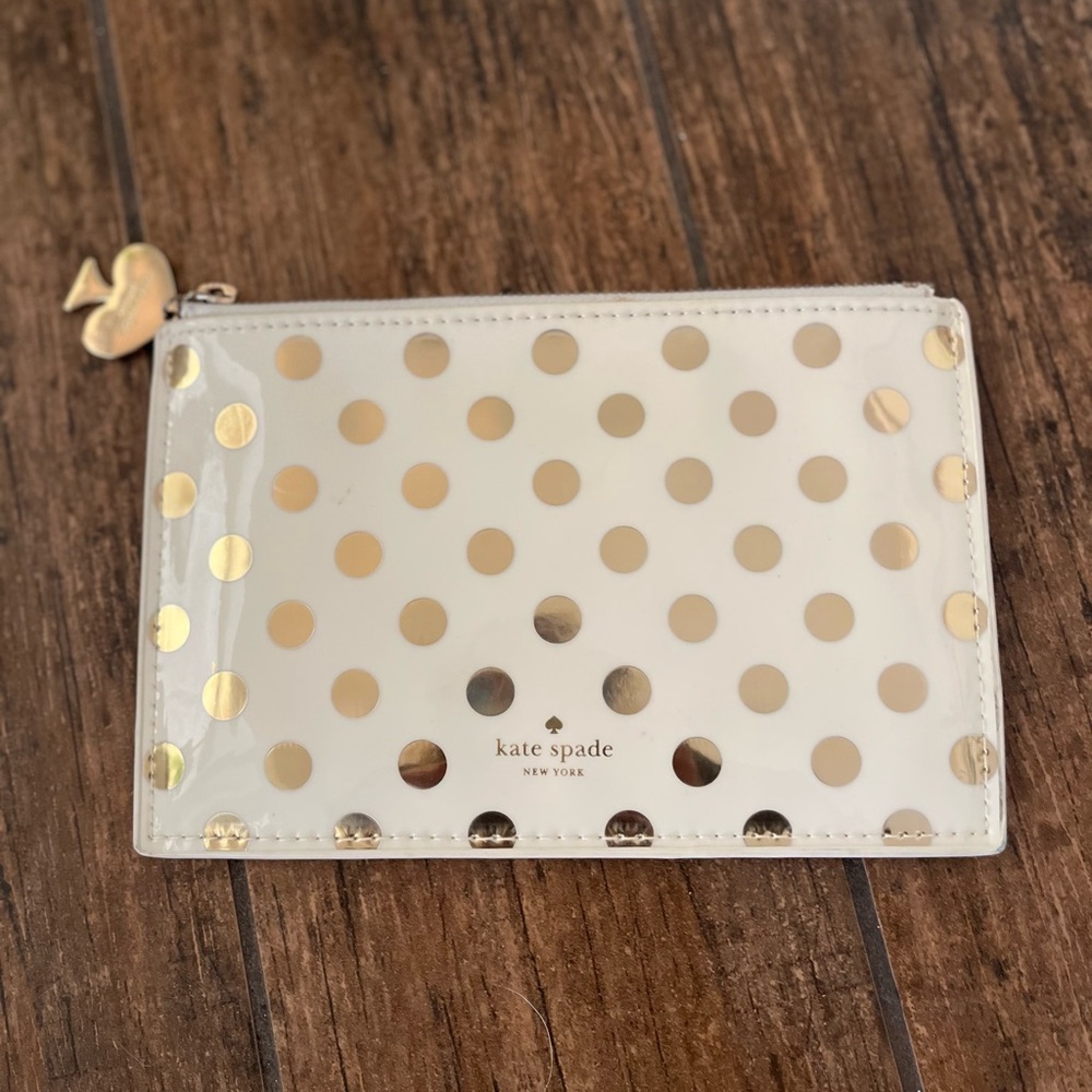 Kate Spade Polka Dot Cosmetic Pouch | Cream & Gold Zip Case | Travel Makeup Bag